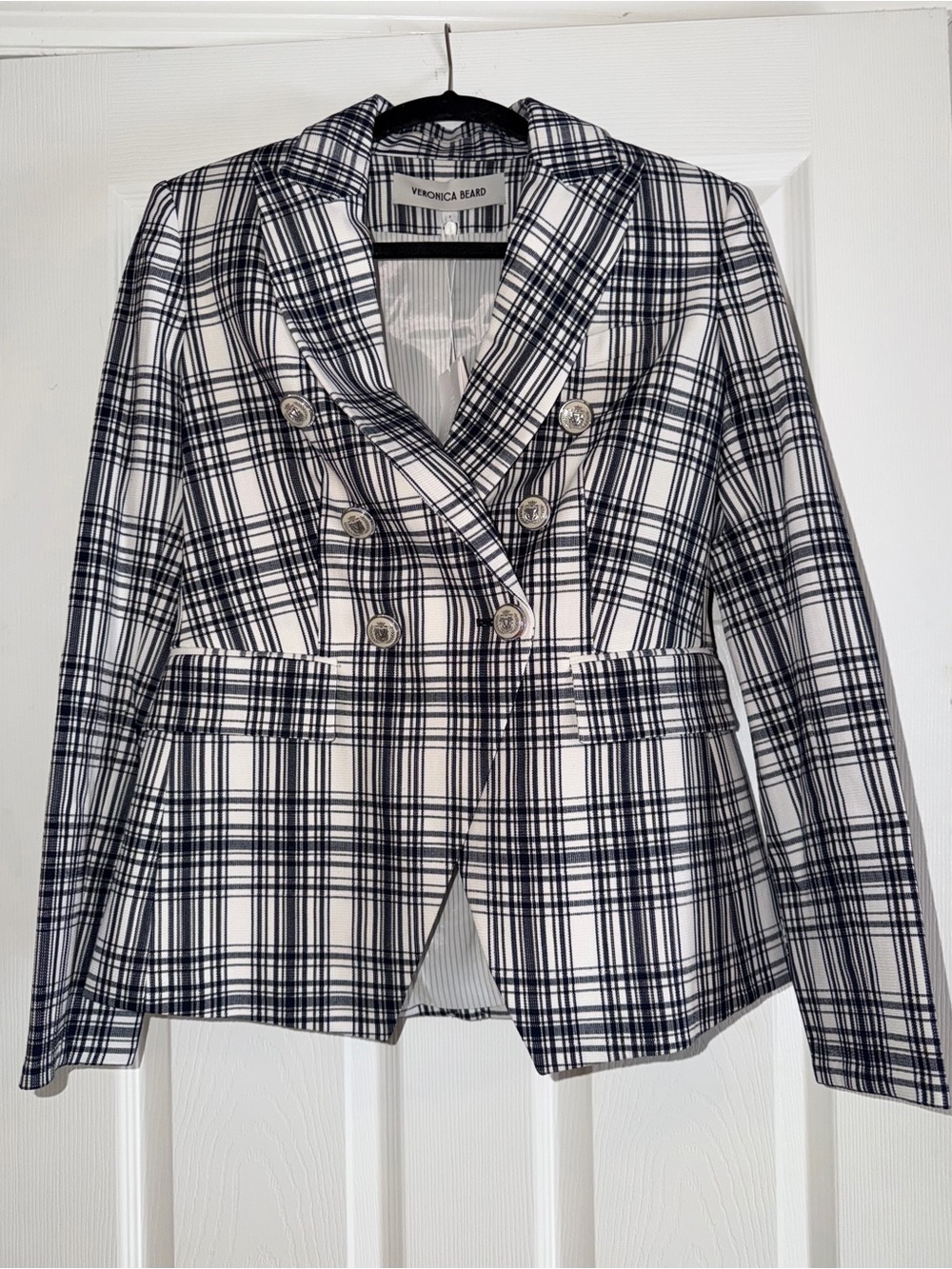 NWT Veronica Beard Dickey Miller White Navy Plaid Double Breasted Blazer Jacket